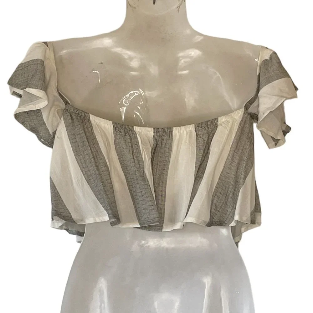 Lulu's Sea of Cortez Linen Blend NEW Grey and White Stripe Off Shoulder Crop XS - Picture 4 of 9